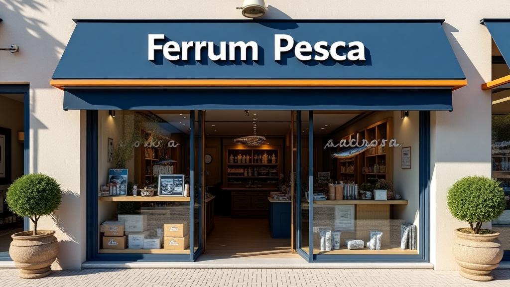 Fotografía del frente del local de Ferrum Pesca con el cartel, visible y acogedor.