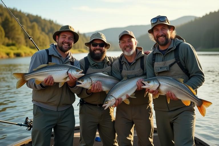 Un grupo de pescadores fundadores de Ferrum Pesca celebrando la captura del día, con una sonrisa y equipo de pesca.