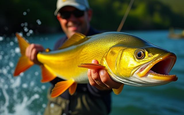 Pescador con un gran dorado en el Río Paraná