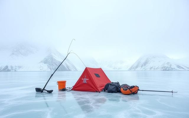 Equipo de pesca en hielo listo sobre un lago congelado en la Patagonia