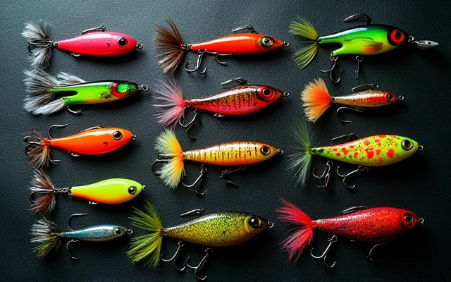 Variedad de señuelos y moscas de pesca.