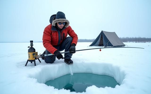 Persona pescando en hielo con equipo especializado.
