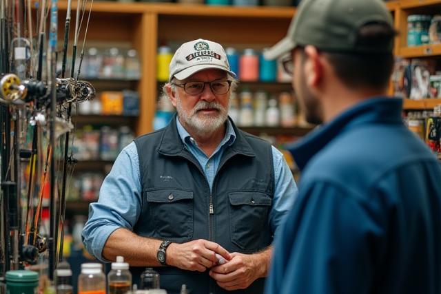 Un experto en pesca discutiendo sobre diferentes tipos de señuelos y cañas con un cliente en una tienda, mostrando variedad de productos y enfoque personal.