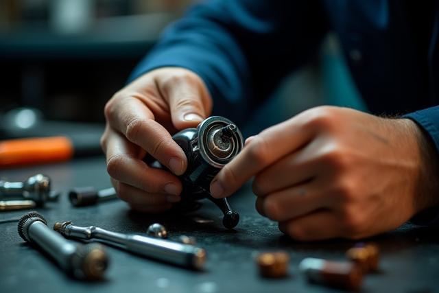 Primer plano de un pescador reparando un reel de pesca con herramientas, mostrando precisión y experiencia.